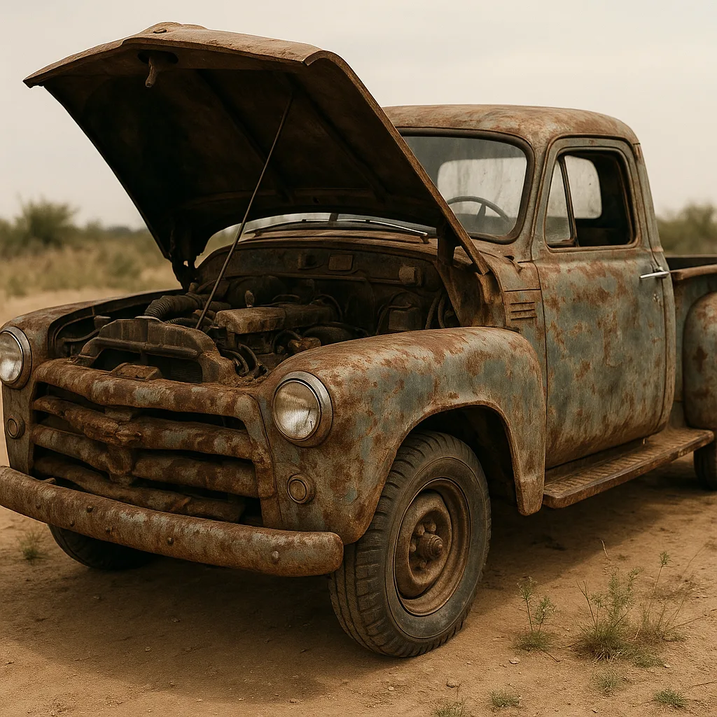Old Pickup Truck Sits with its Hood