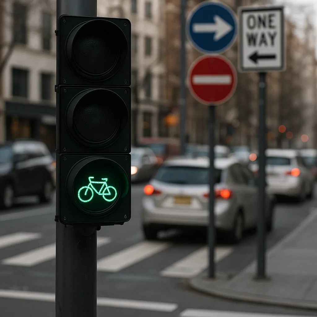 Traffic Light with a Green Bicycle Signal at an Urban