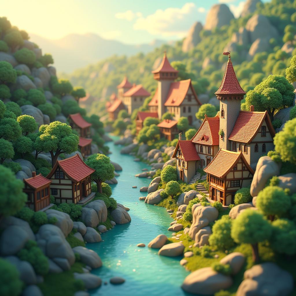 Stylized 3D Village Wrapped in Rivers and Forest