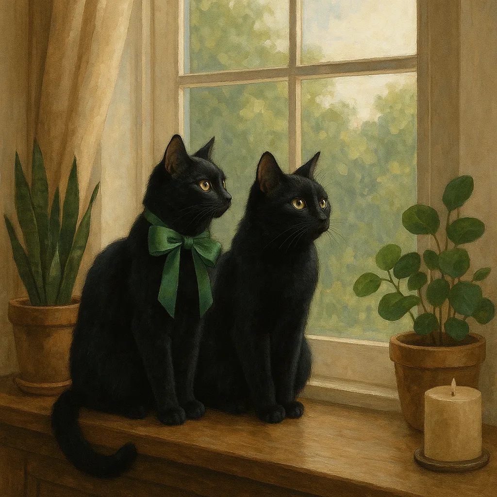 Two Black Cats Sitting on a Windowsill
