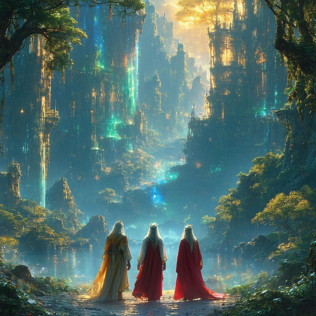 Three Wanderers Behold a Sprawling Enchanted World