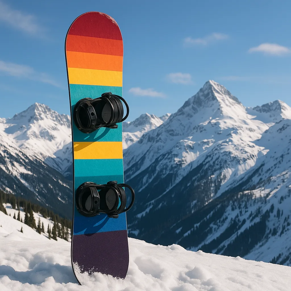 Vibrant Snowboard Propped Up Against a Snowy Mountain Landscape