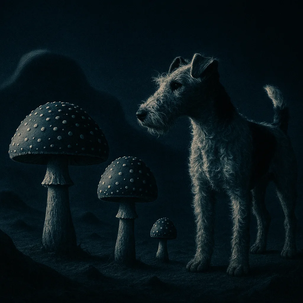 Wire-haired Fox Terrier and Agaric Mushrooms