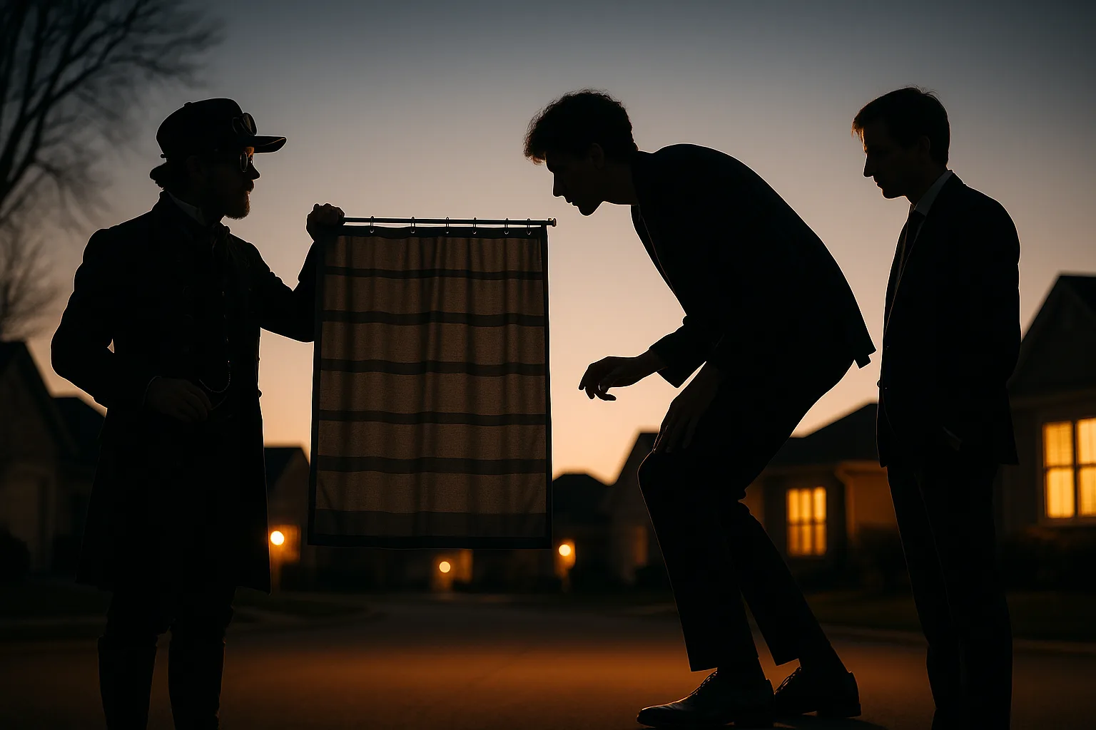 Three Figures Are Dramatically Silhouetted by a Strong