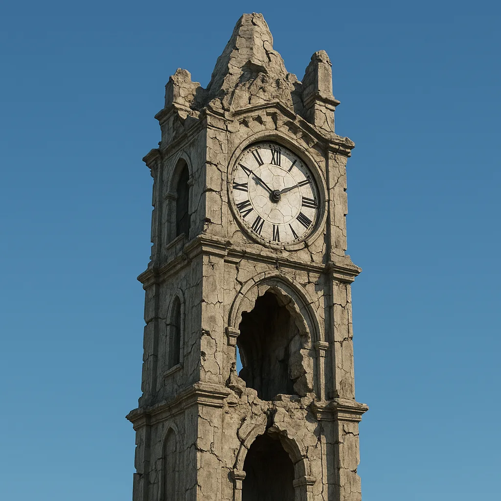 Heavily Damaged Clock Tower with Visible Cracks and Missing Sections