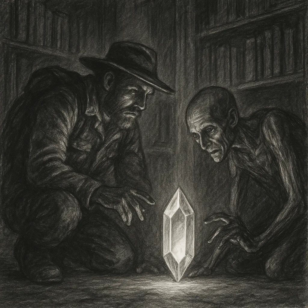 Charcoal-sketched Explorer and a Gaunt Person Intensely Examine a Luminous