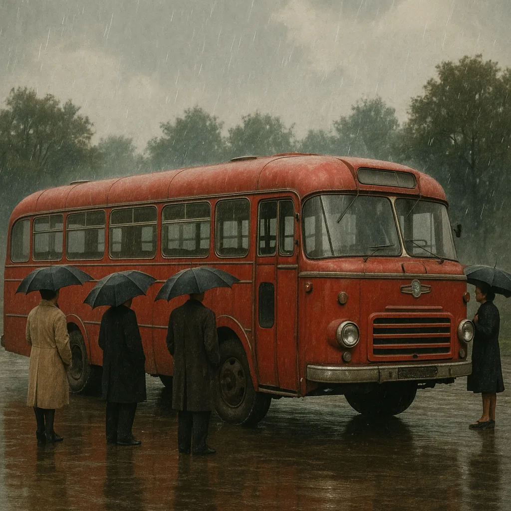 Vintage Red Bus Parked in a Rainy Outdoor