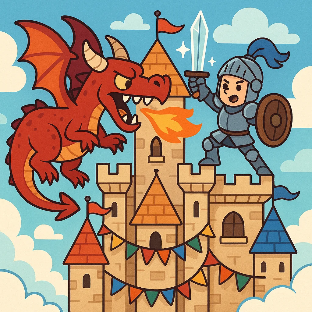 Cartoon-like Scene Featuring a Red Dragon Battling a Knight