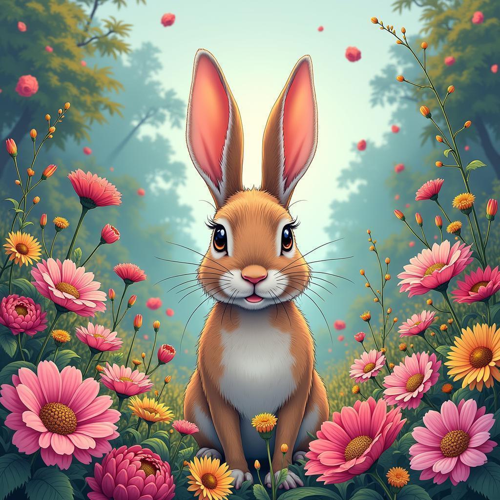 Manga Rabbit Amid a Vibrant Floral Symphony