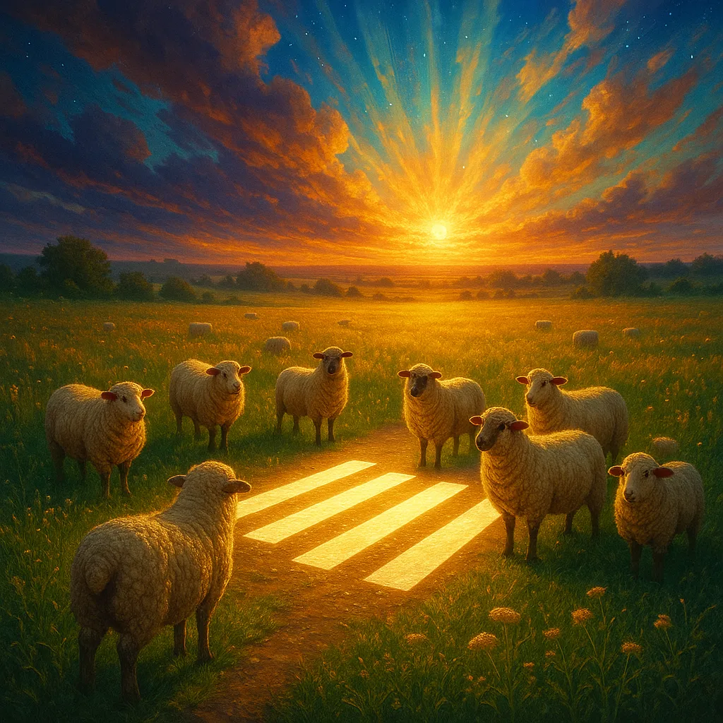Luminous Field Speckled with Sheep Surrounding a Gleaming Crosswalk