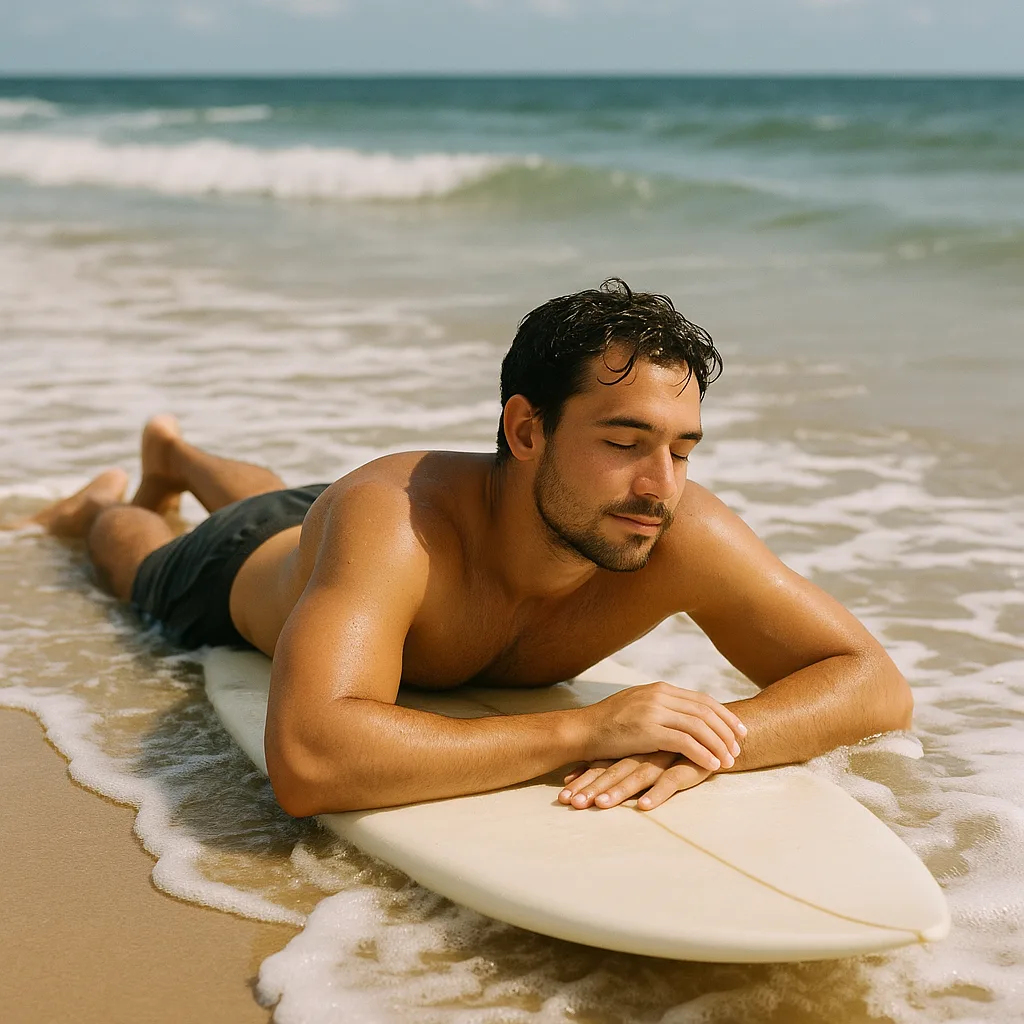 Man Lying on a Surfboard