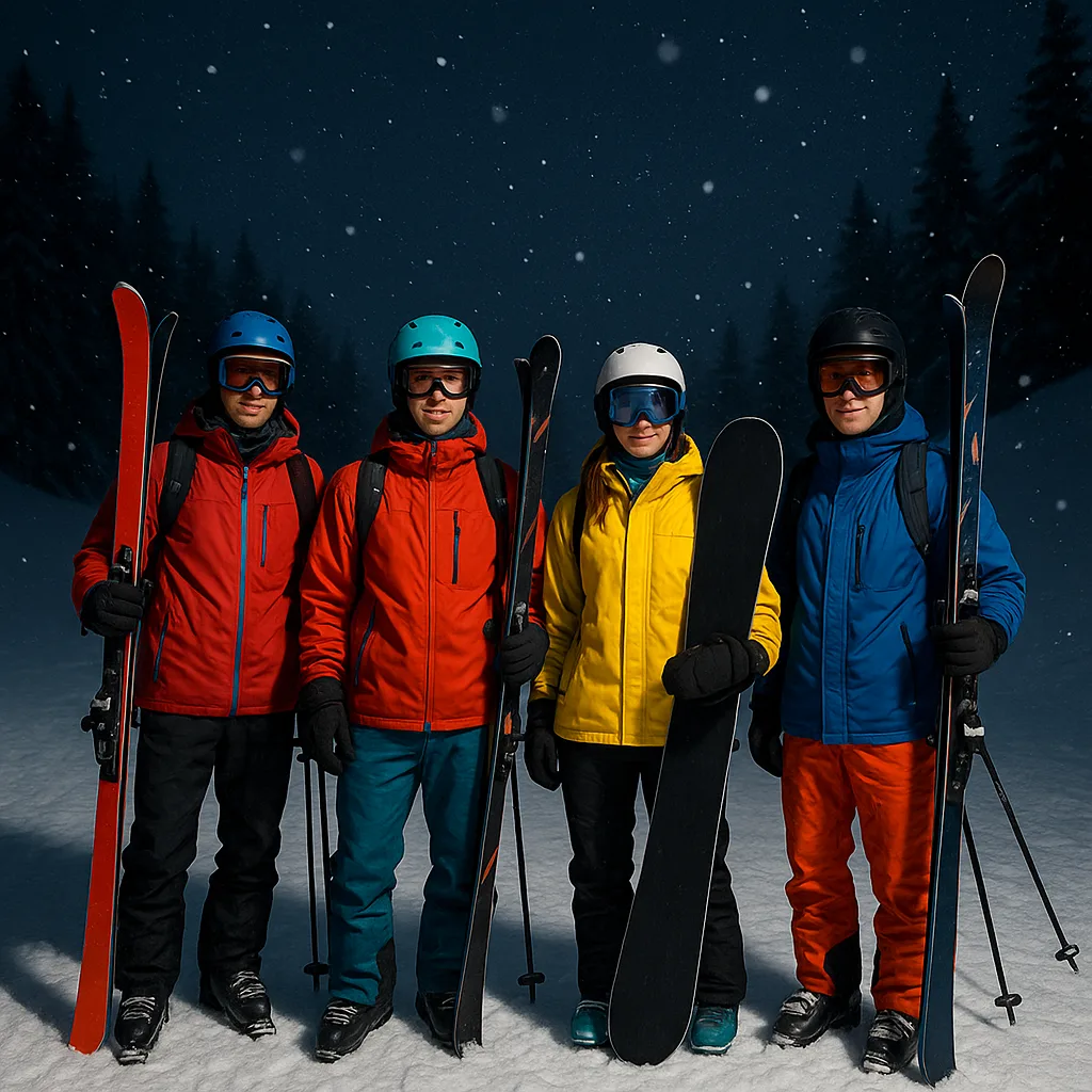 Group of People Dressed in Winter Sports Gear with Skis