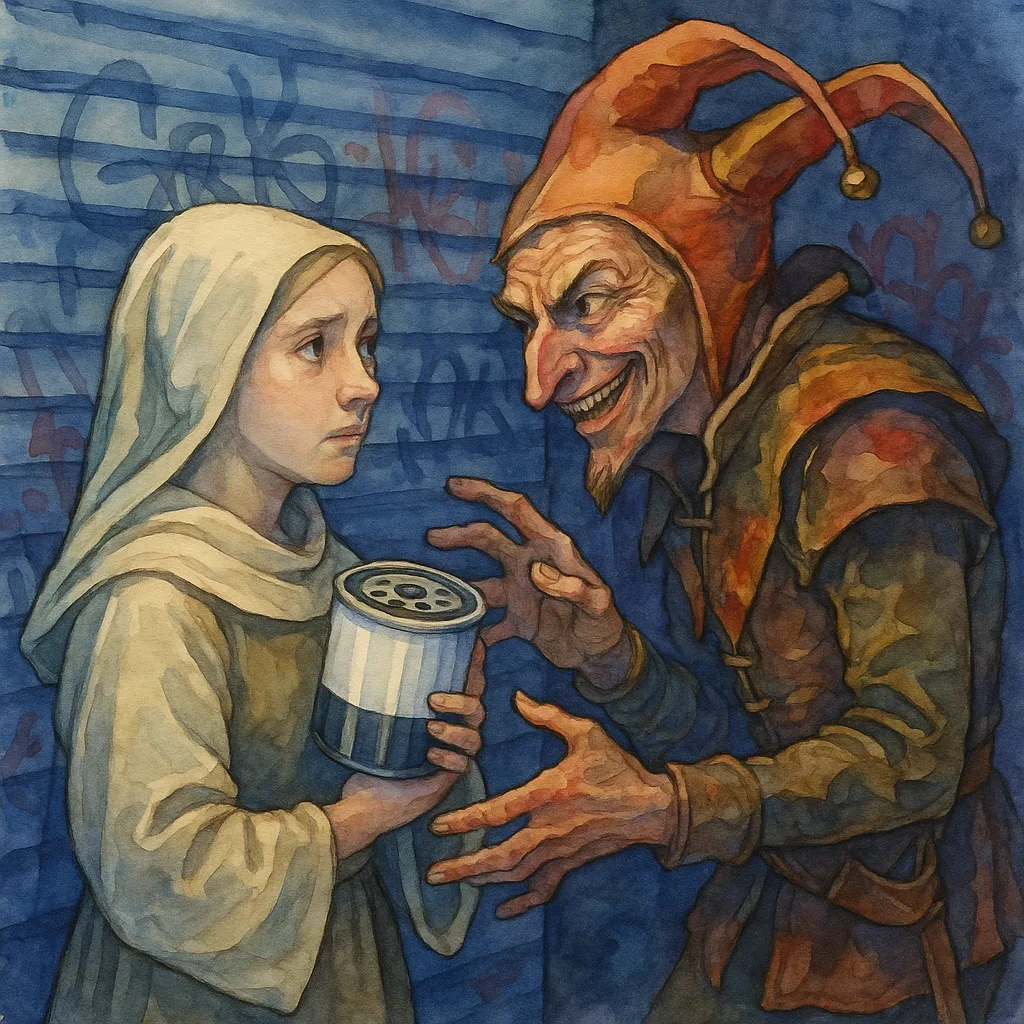 Innocent in Medieval Garb Clutches an Oil Filter
