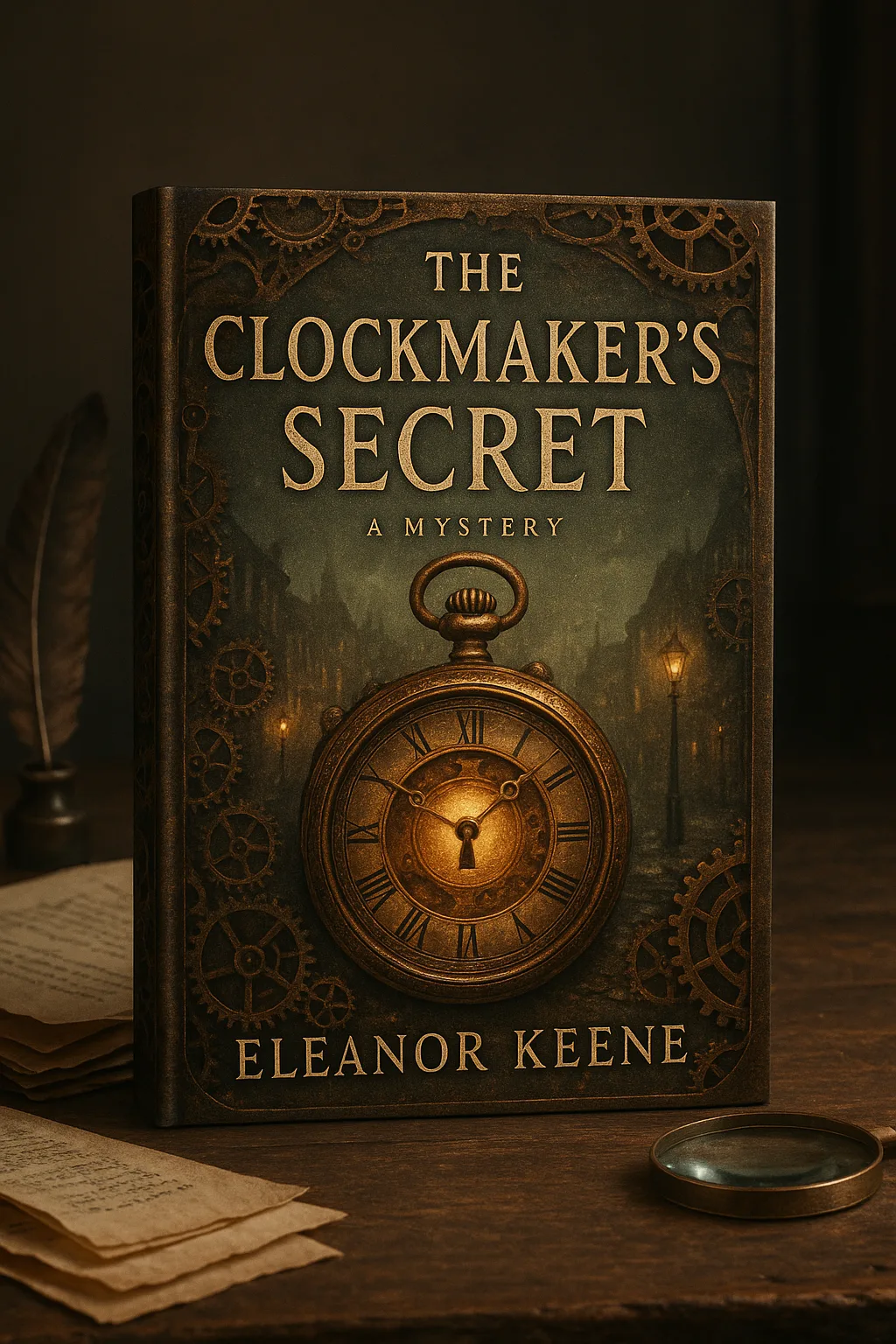 Captivating Book Cover for a Mystery Novel Titled "The Clockmaker’s