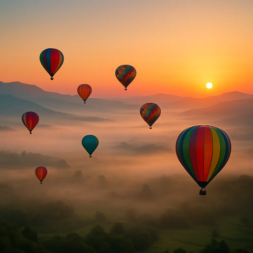 Handful of Brightly Colored Hot Air Balloons Drifts Lazily