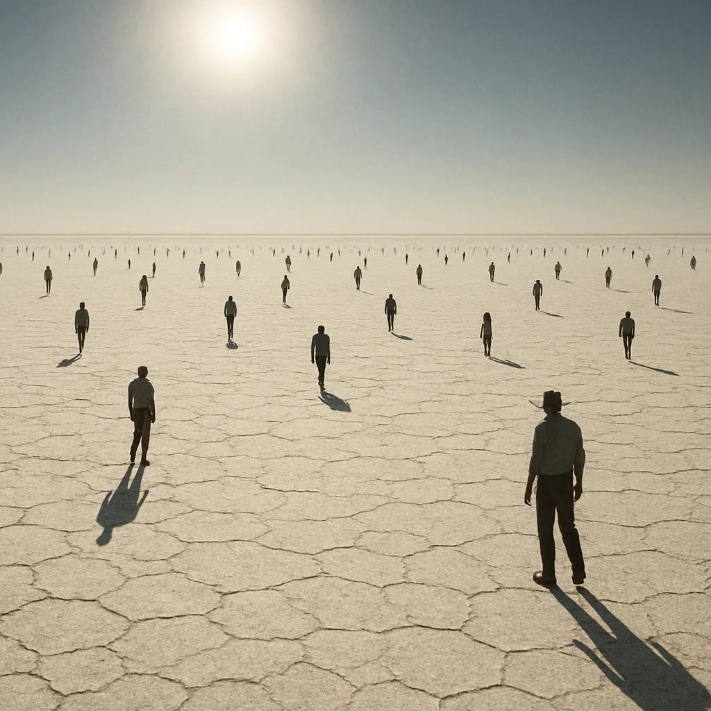 Many Distant Figures Are Sparsely Scattered Across a Vast