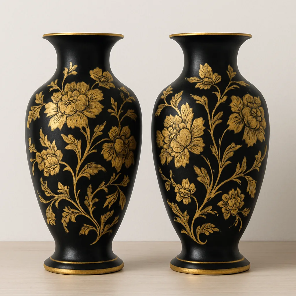 Two Ornate Black and Gold Vases with Floral Patterns