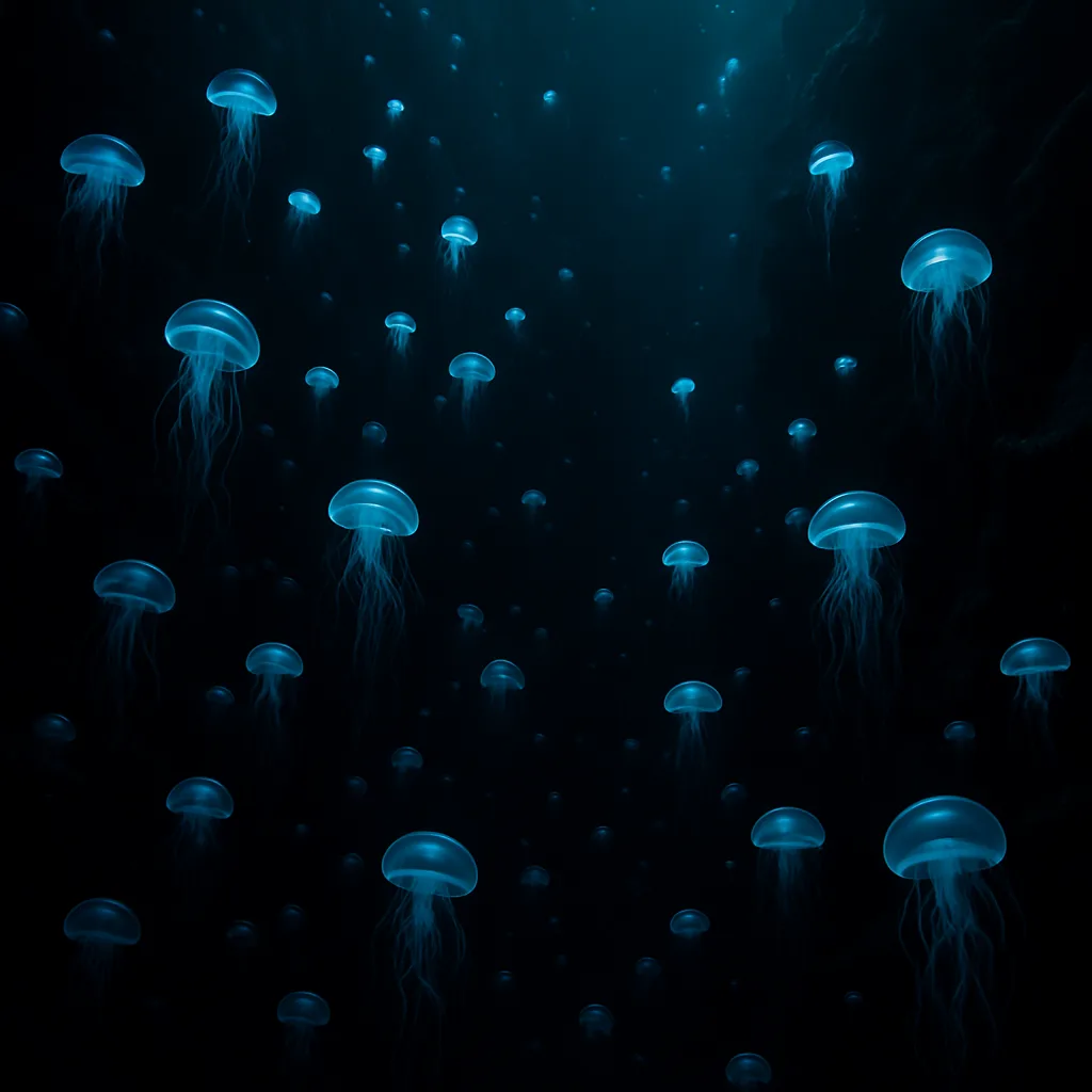 Countless Glowing Jellyfish Drift in the Inky Black Depths