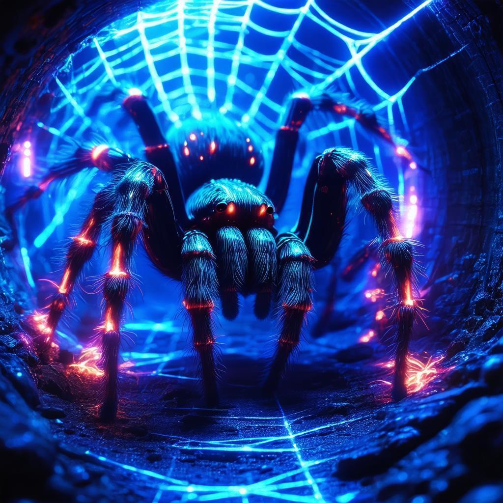 Monstrous Tarantula Lurking in Neon Cybernetic Tunnel