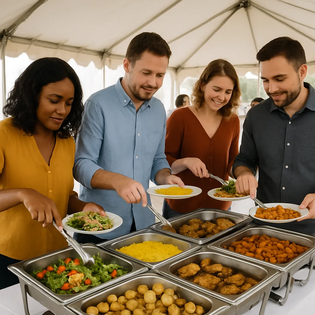 Group of People Serving Themselves Food from a Buffet Table
