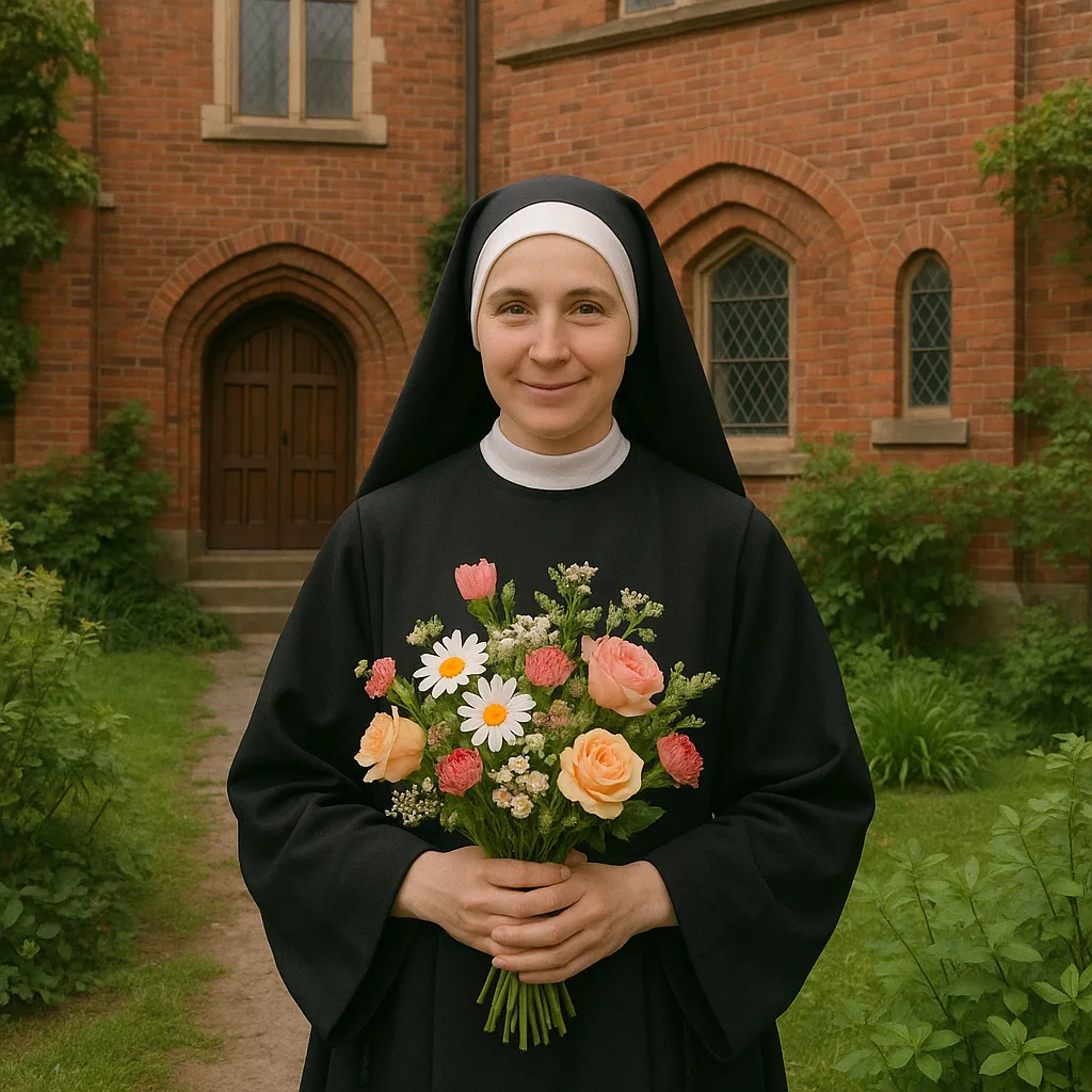 Nun Holding a Bouquet of Flowers Stands in Front