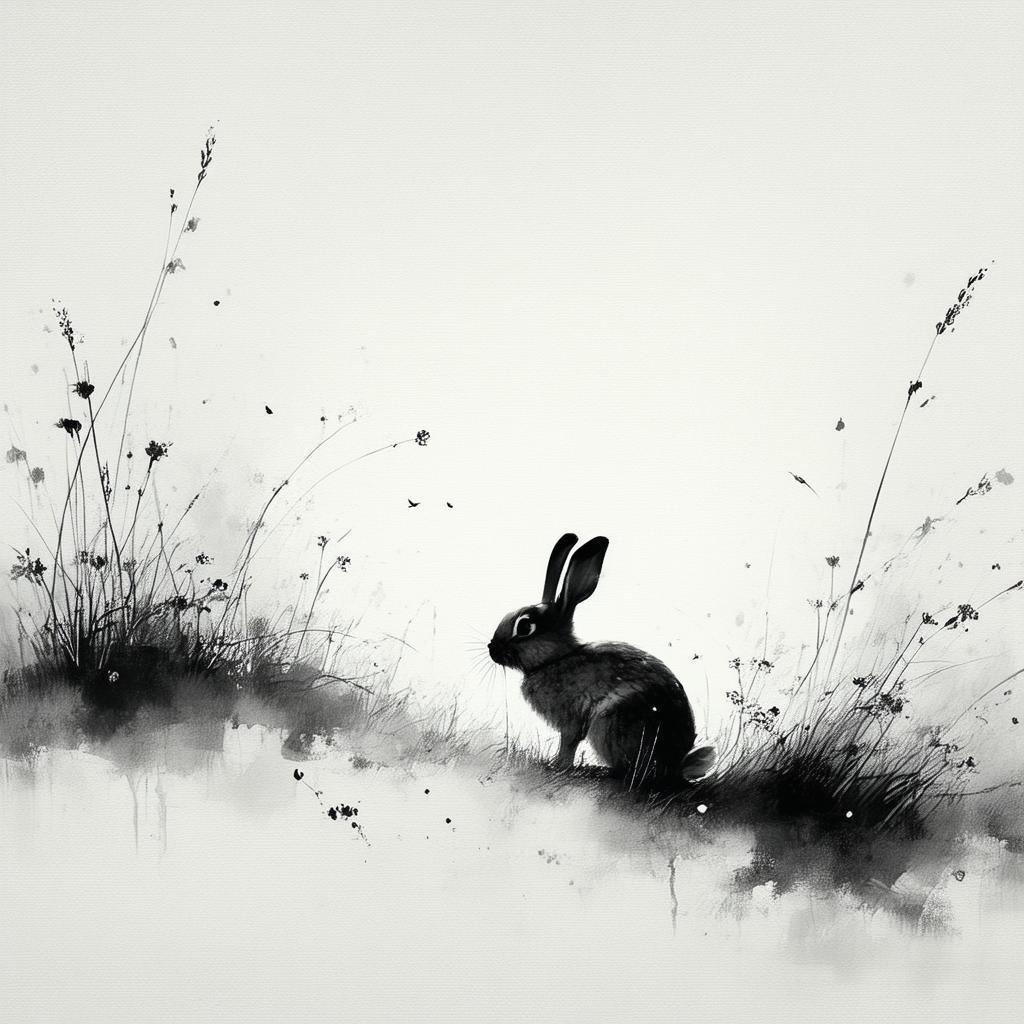 Minimalist Rabbit in Grass Touched by Divine Light