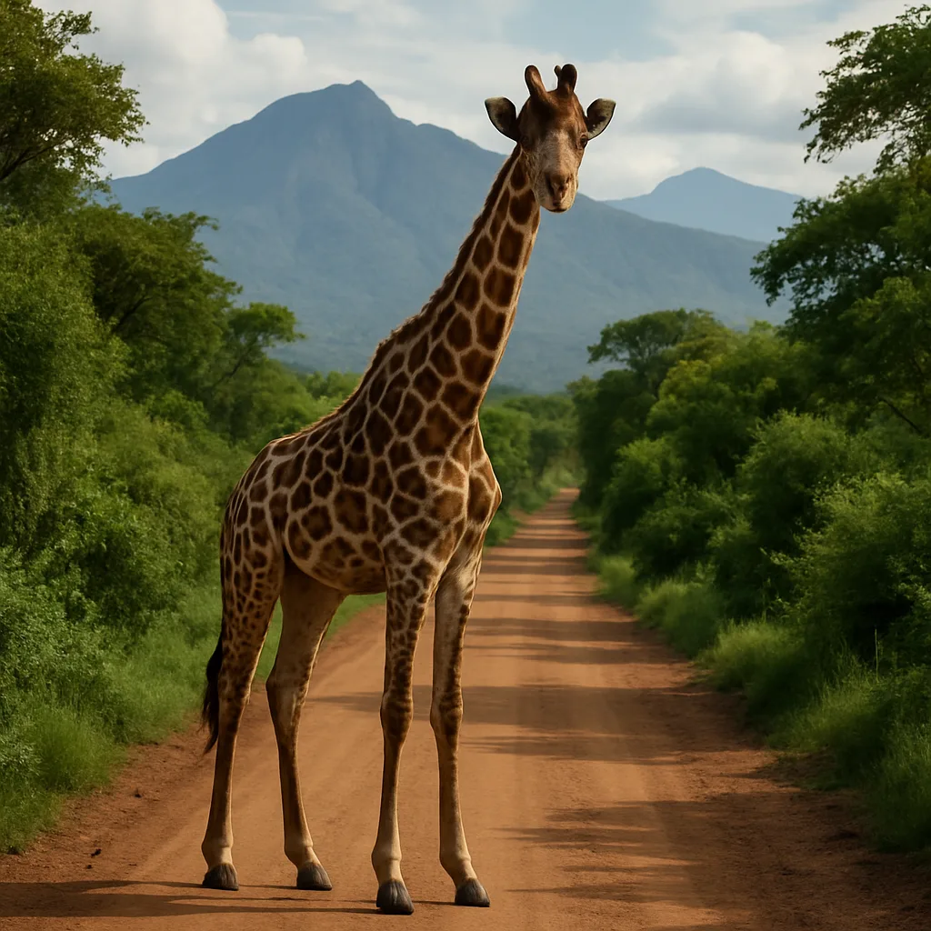 Giraffe Stands on a Dirt Road Surrounded by Lush Greenery