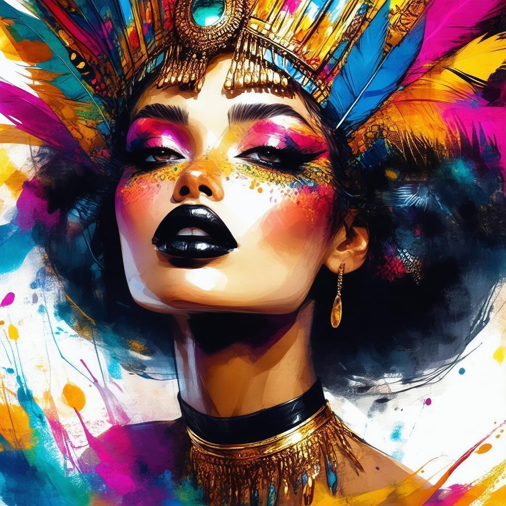 Bold Animated Portrait With Headdress and Gold Choker