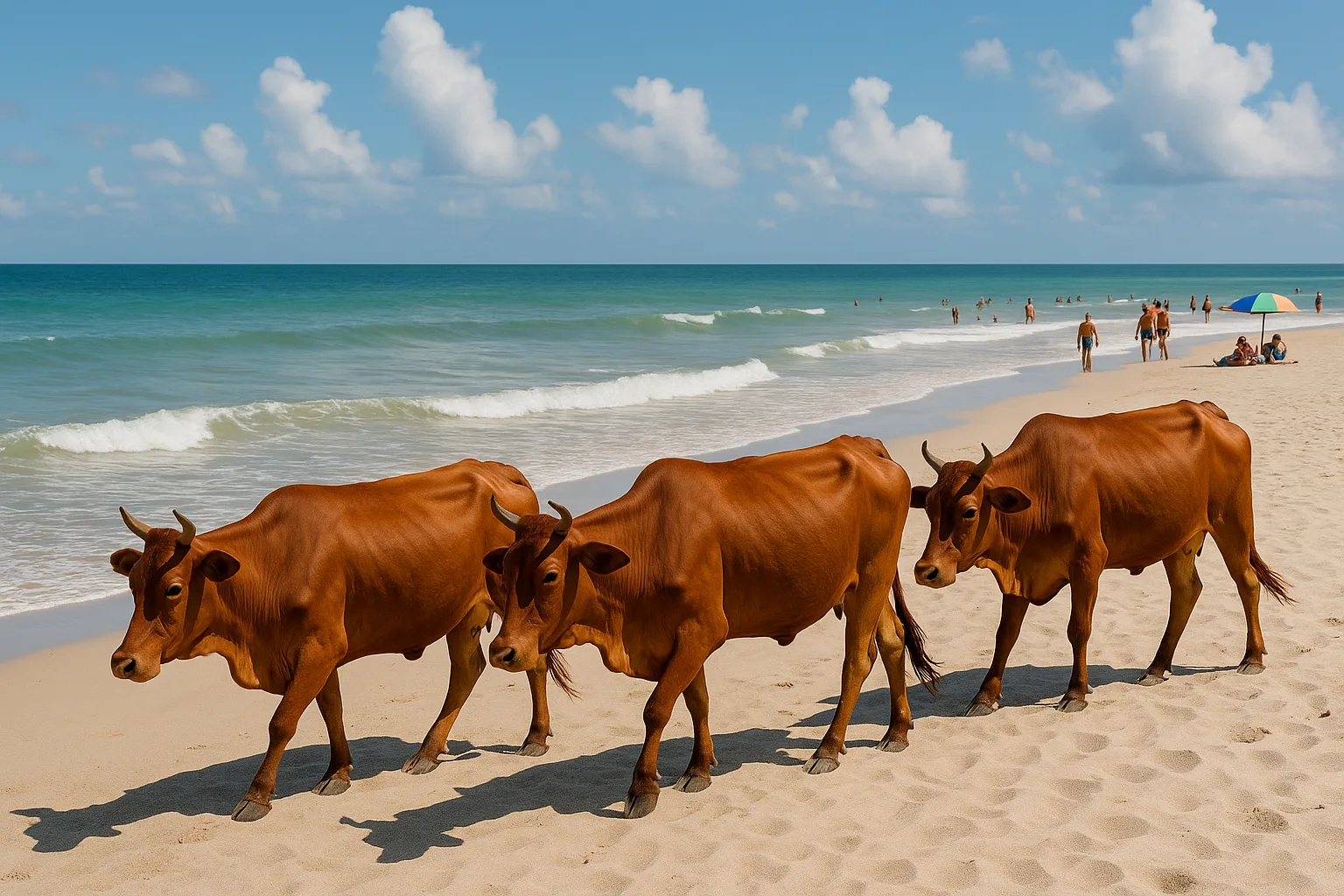 Cows Walking Along a Sandy Beach near the Shoreline