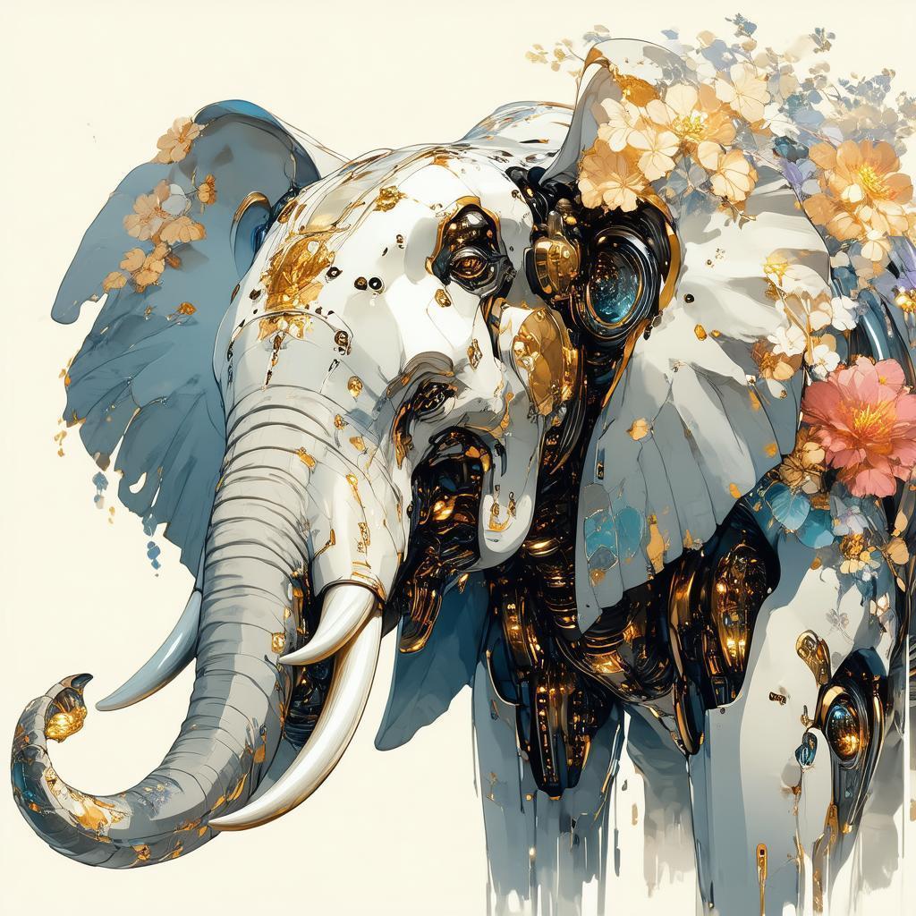 Floral Robot Elephant in Elegant Anime Portrait