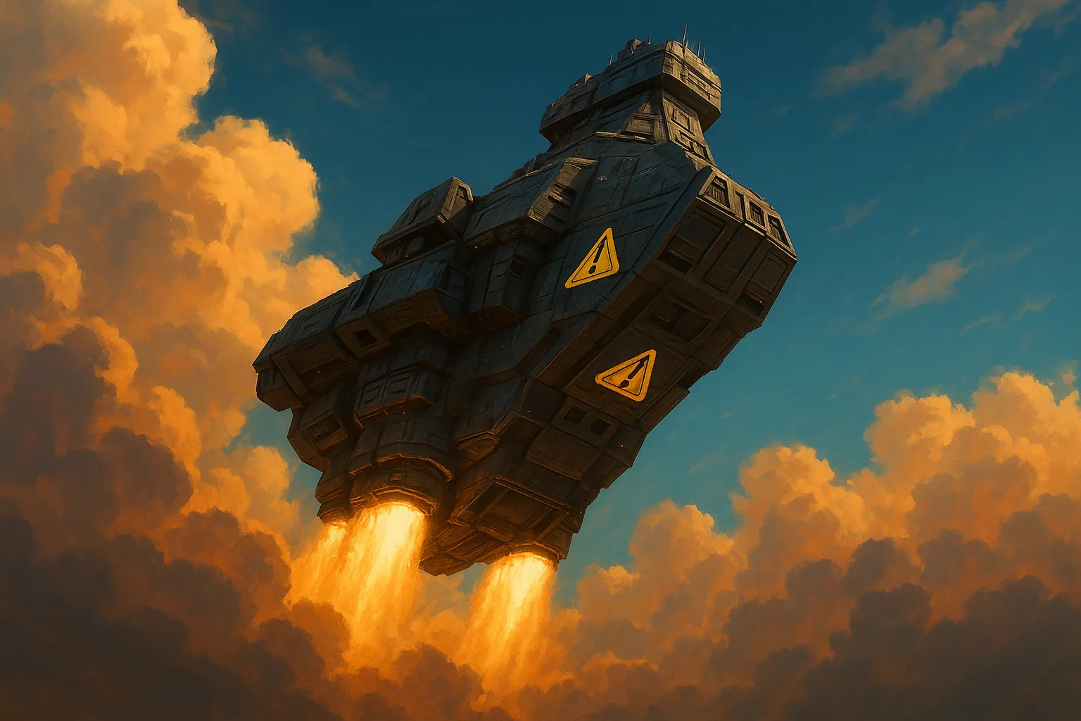 Large Cruiser-class Spaceship with Warning Symbols Dramatically Ascends
