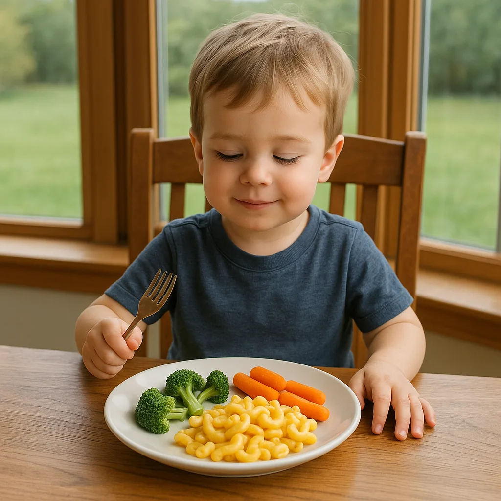 Child Sits at a Wooden Dining Table