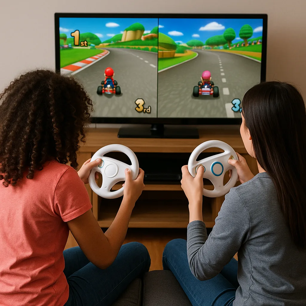 Two Girls Are Playing a Multiplayer Racing Video Game