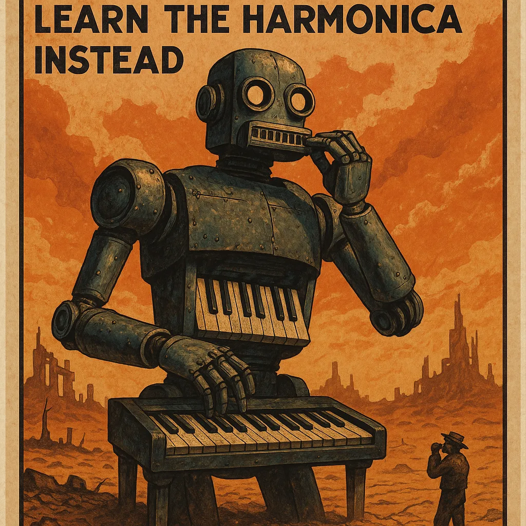 Dreamlike Poster Showcases a Colossal Piano-shaped Robot Composing Melodies