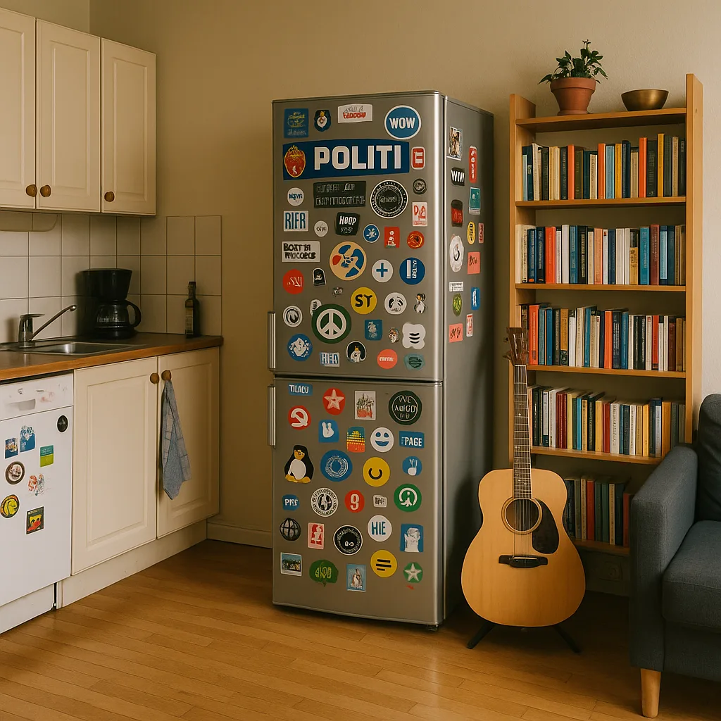Kitchen and Living Space Featuring a Fridge Covered in Stickers