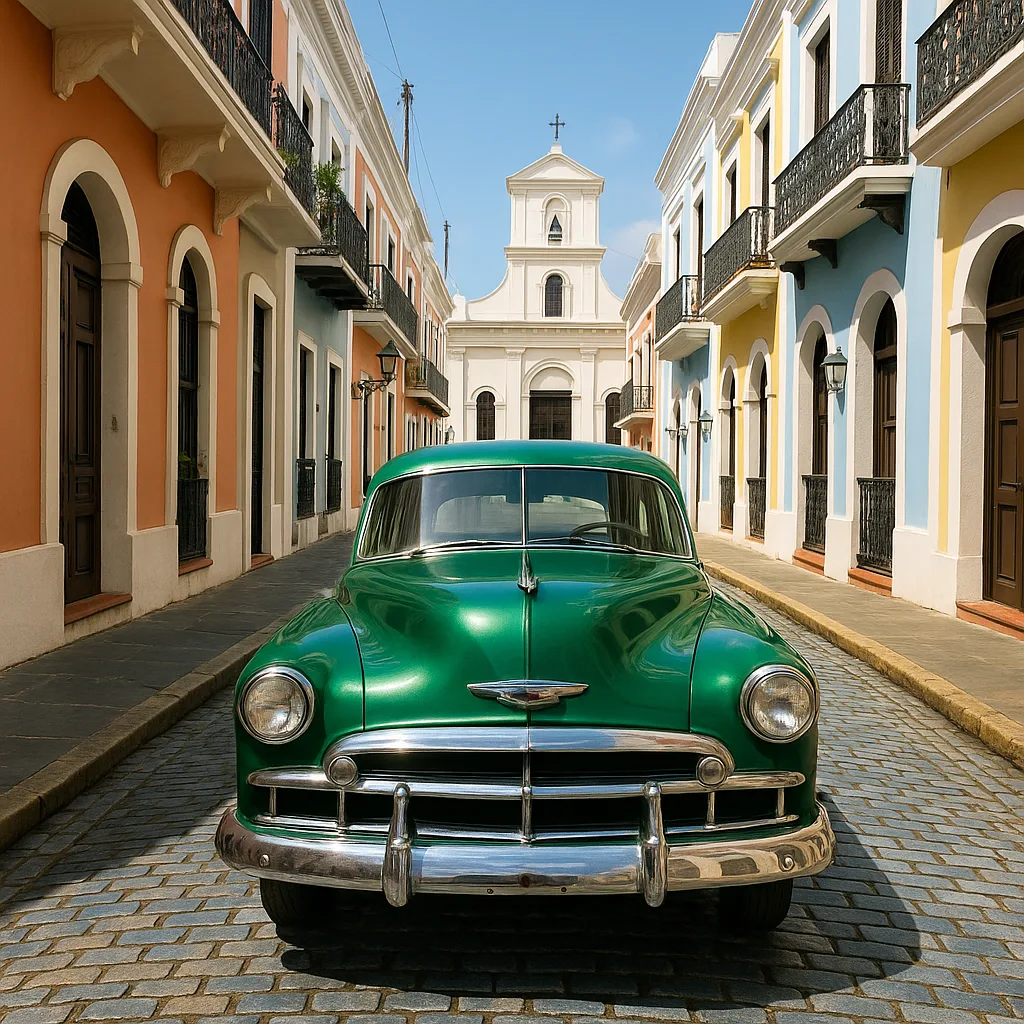 Vintage Green Car Parked on a Narrow Cobblestone Street