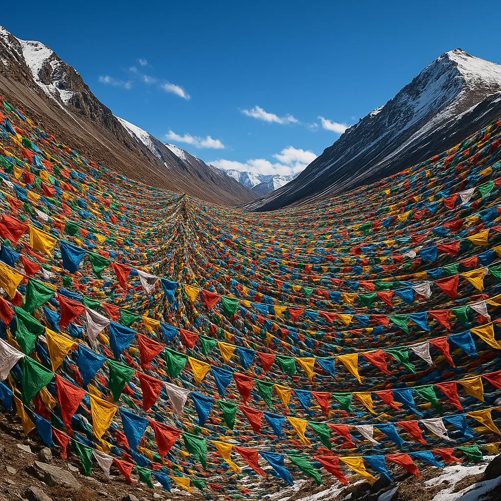 Thousands of Prayer Flags Flutter Vigorously on a High Mountain