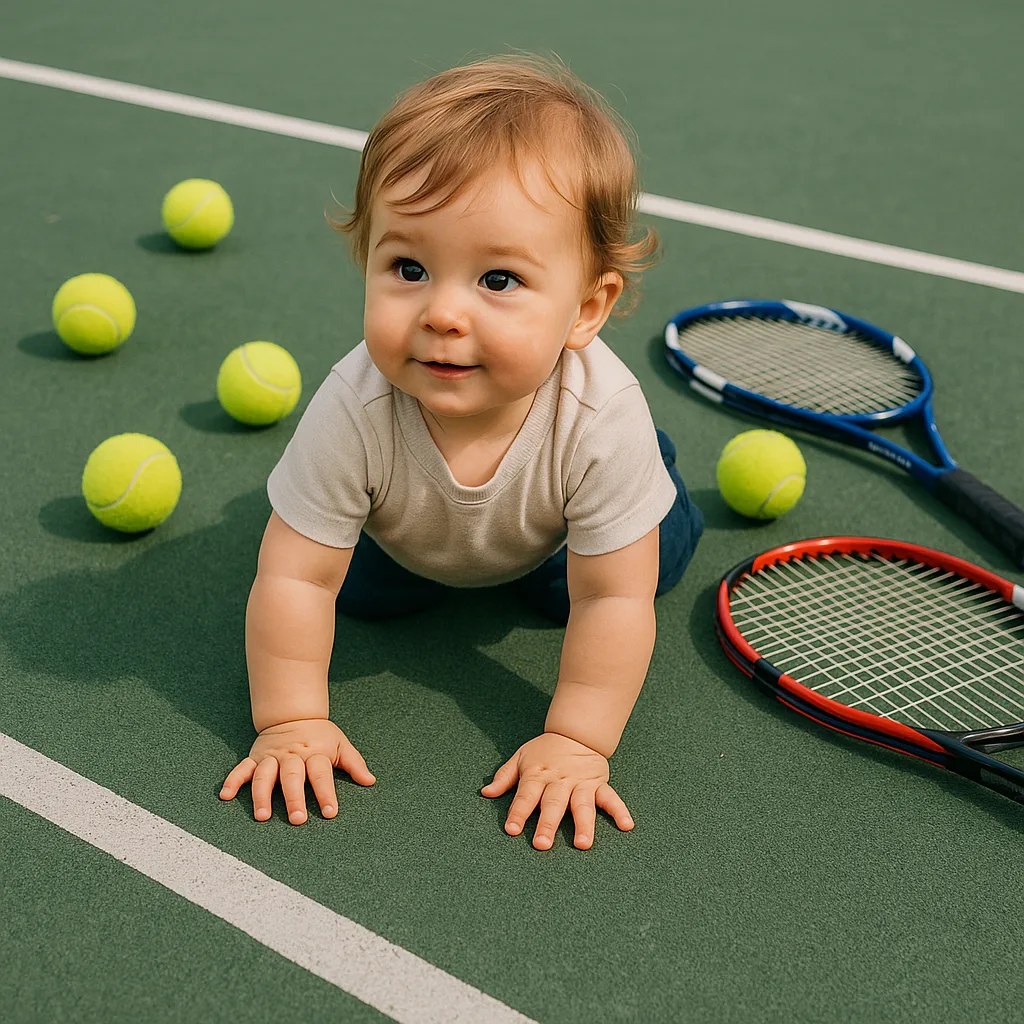 Young Child Crawling on a Green Tennis Court
