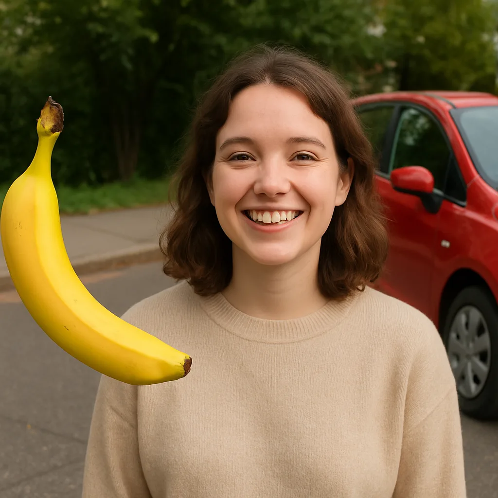 Smiling Person Positioned to the Right of a Yellow Banana