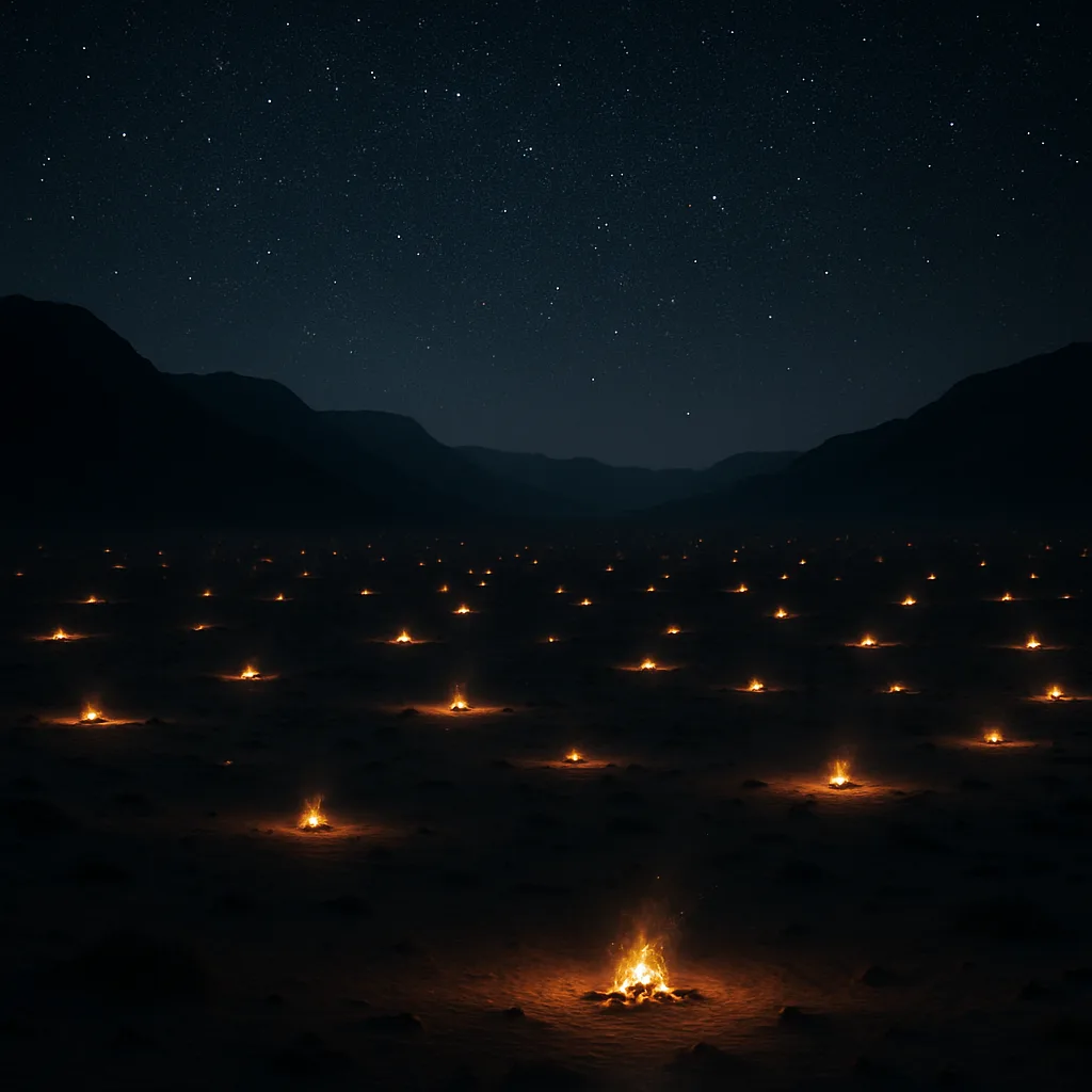 Countless Distant Campfires Dot the Shadowy Expanse of a Vast