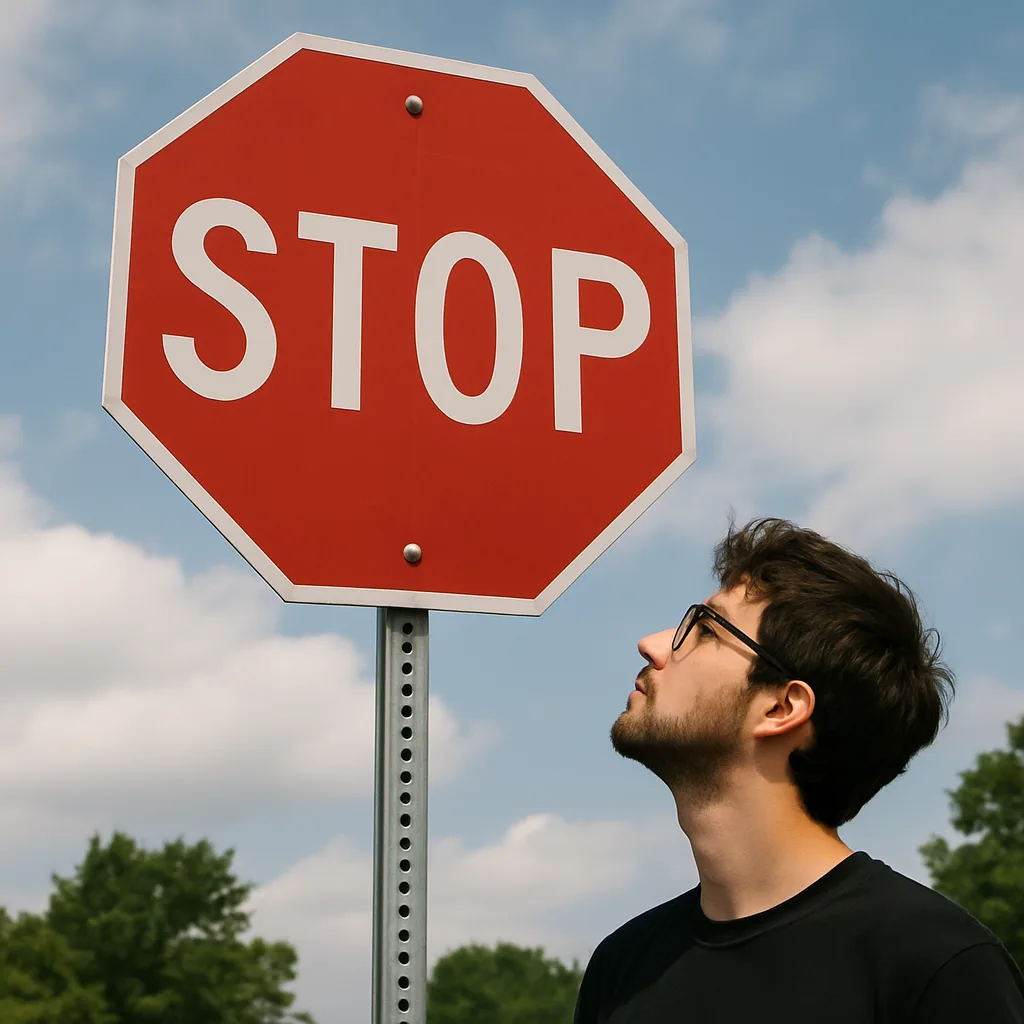 Picture Showing a Person Standing Underneath a Red Stop Sign