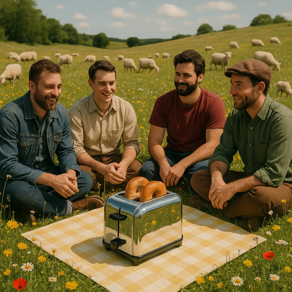 Several Men Are Seated Among Sheep Peacefully Grazing Nearby