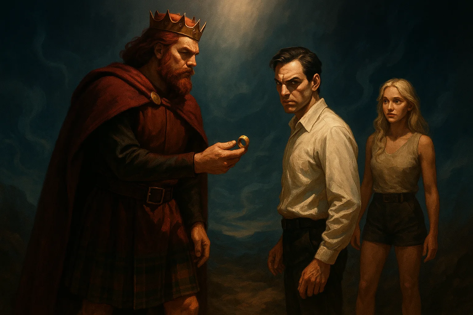 Burgundy-haired Ruler in a Kilt Gestures with an Item
