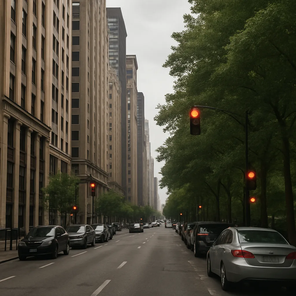 City Street Lined with Tall Buildings on the Left