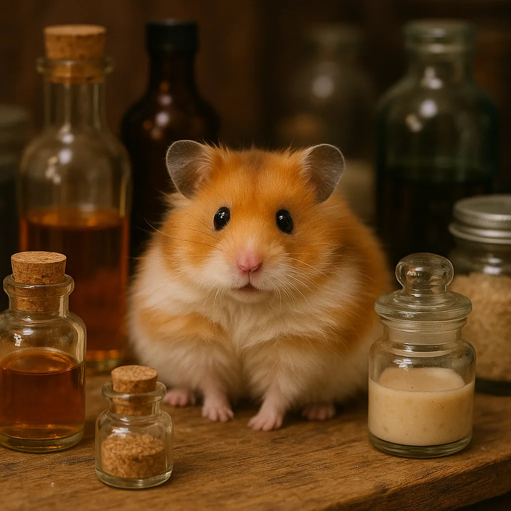 Fluffy Orange-and-white Hamster Sits Amidst Various Bottles