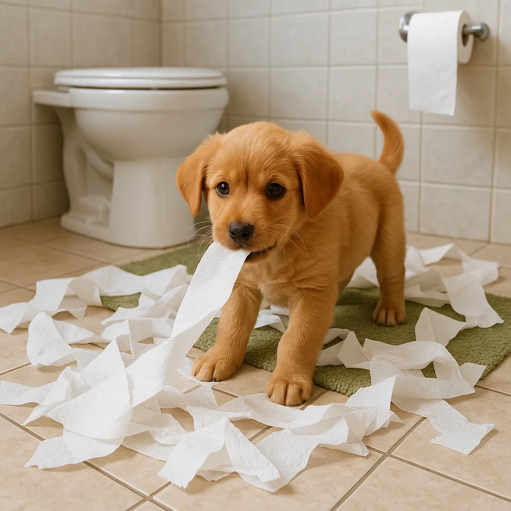 Puppy Playing with Toilet Paper in a Bathroom