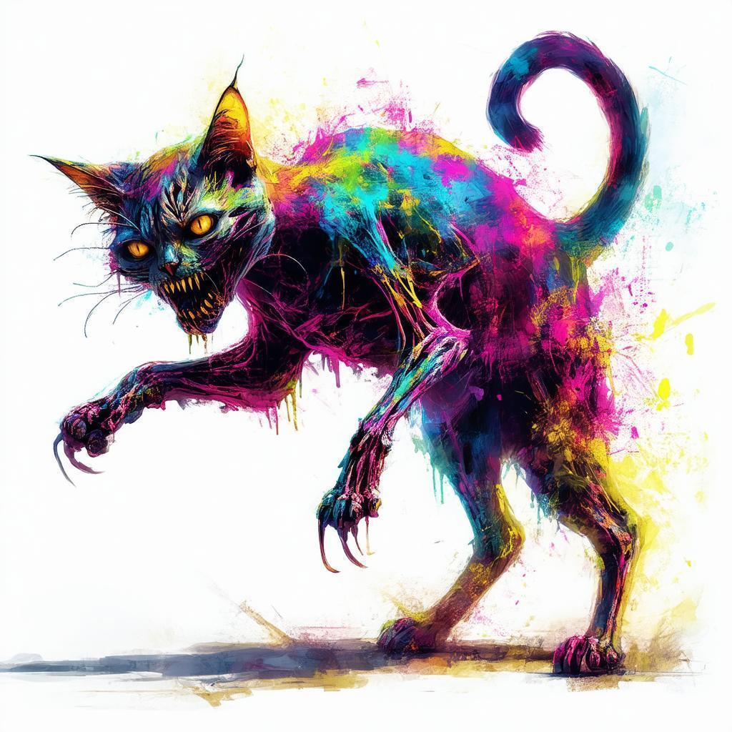 Zombie Cat Leaping in Vibrant Digital Paint