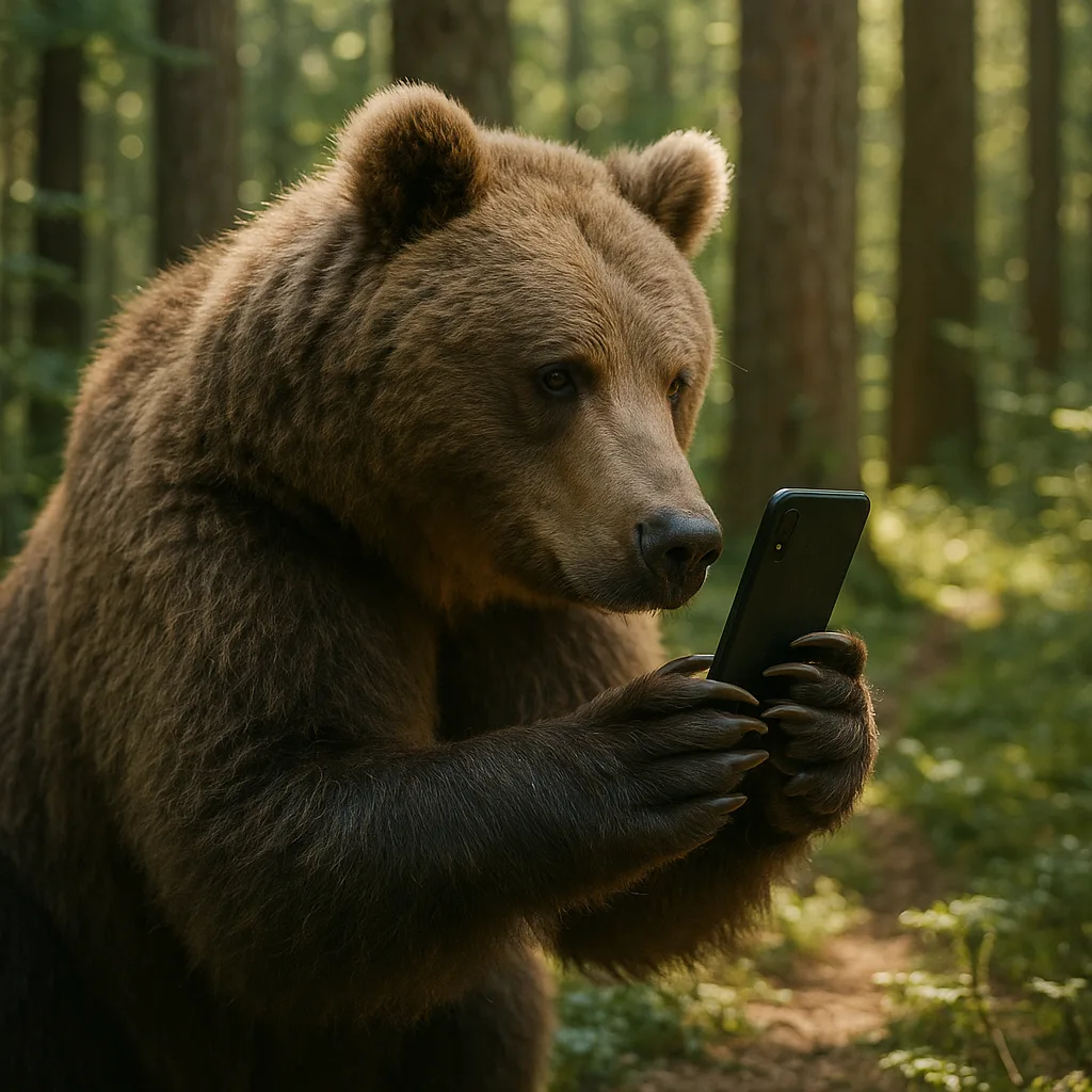 Bear Examining a Smartphone with Curiosity in a Wooded Environment