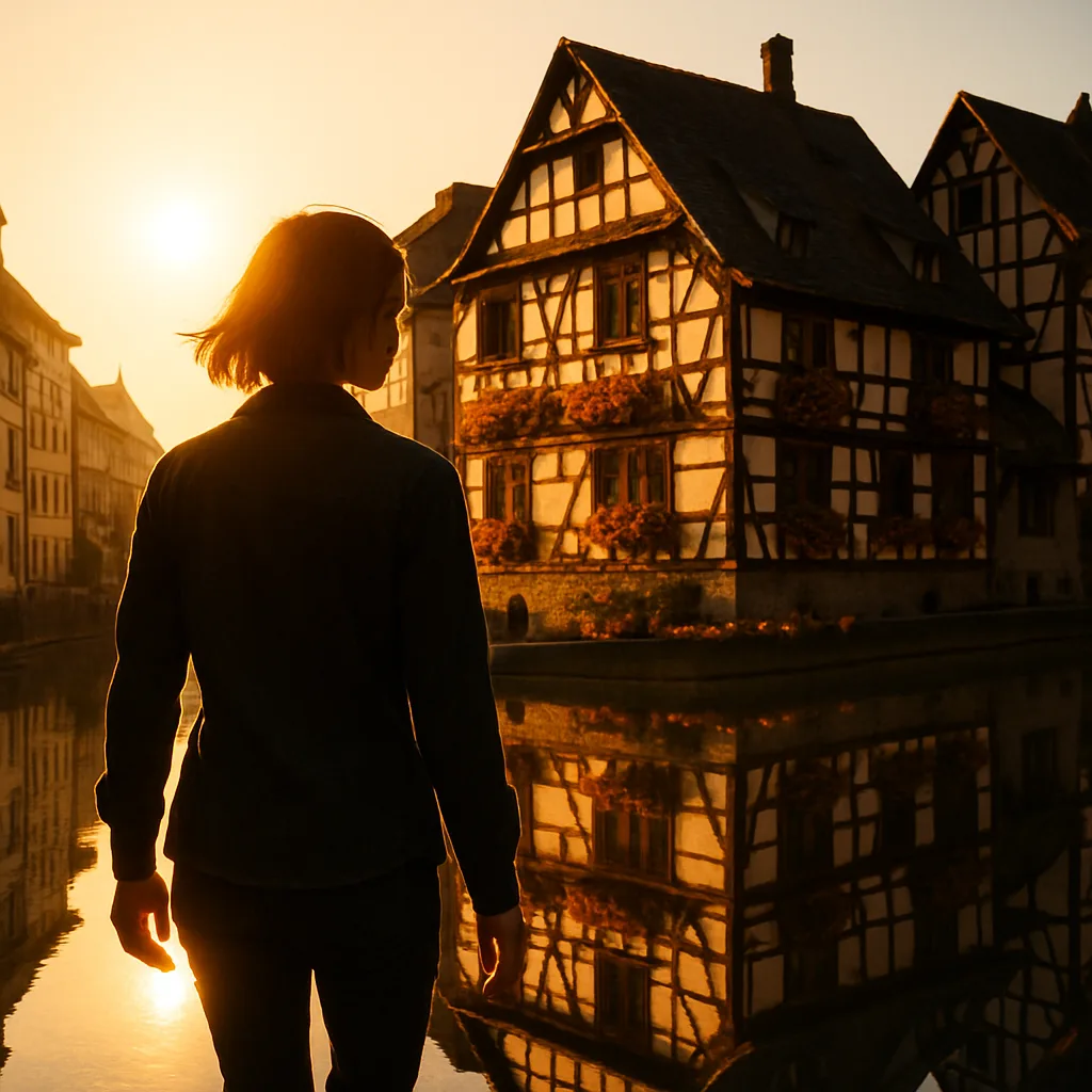 Person with Side-swept Bangs Walks Towards Picturesque Timber-framed Houses