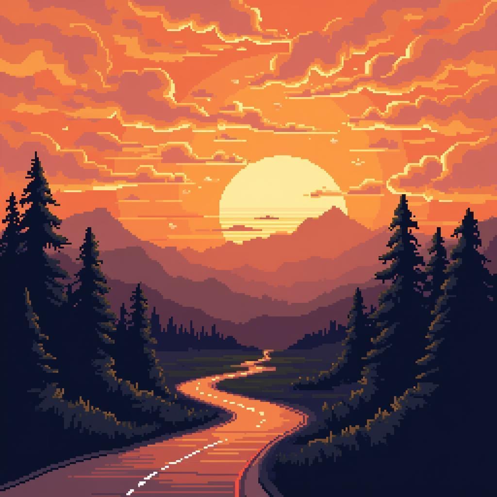 Pixel Sunset Road Winding Toward Distant Mountains